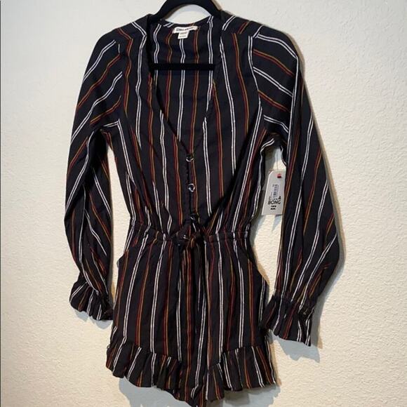 Billabong Play All Day Striped Long Sleeve Romper Black Multi XS NEW - Picture 1 of 7